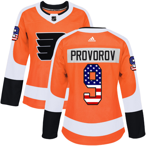 Adidas Flyers #9 Ivan Provorov Orange Home Authentic USA Flag Women's Stitched NHL Jersey - Click Image to Close